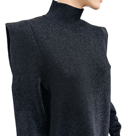 Zara Black Turtleneck Shoulder-Pad Sweater Metalic Long Sleeve Mini Dress - Picture 6 of 13